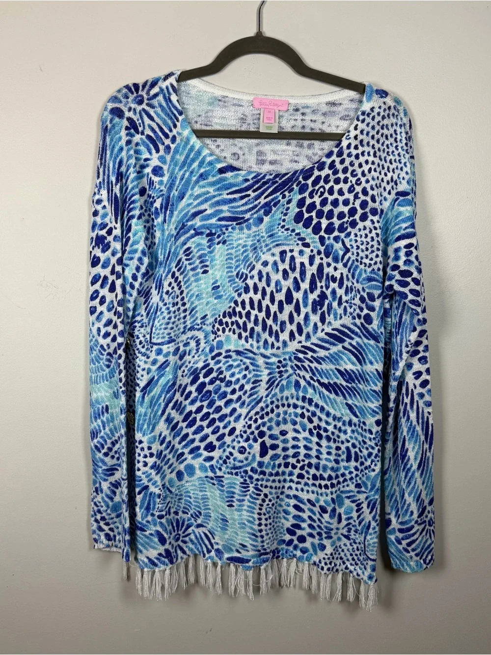 Lilly Pulitzer Ramona Sweater Blue Tang Gang Fish Fringe Tropical Coastal Medium